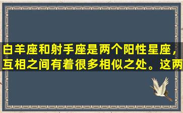 白羊座和射手座是两个阳性星座，互相之间有着很多相似之处。这两个星座都有着勇气、冒险的精神、乐观、自信的个性。他们都具有进取心和行动力，喜欢充满挑战的生活。作为白