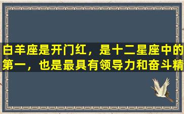 白羊座是开门红，是十二星座中的第一，也是最具有领导力和奋斗精神的星座。白羊座的人天生自信、热情洋溢，做事雷厉风行，总能带领身边的人朝着胜利前进。在白羊座的人的人